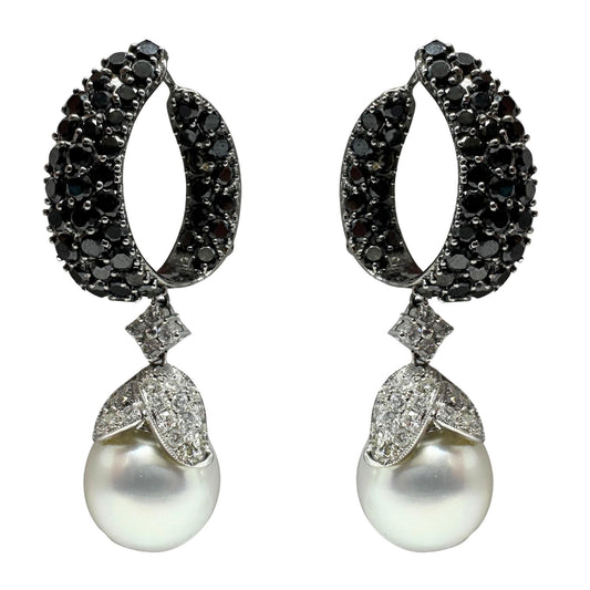 18K White Gold Black and White Diamond and Pearl Drop Earrings