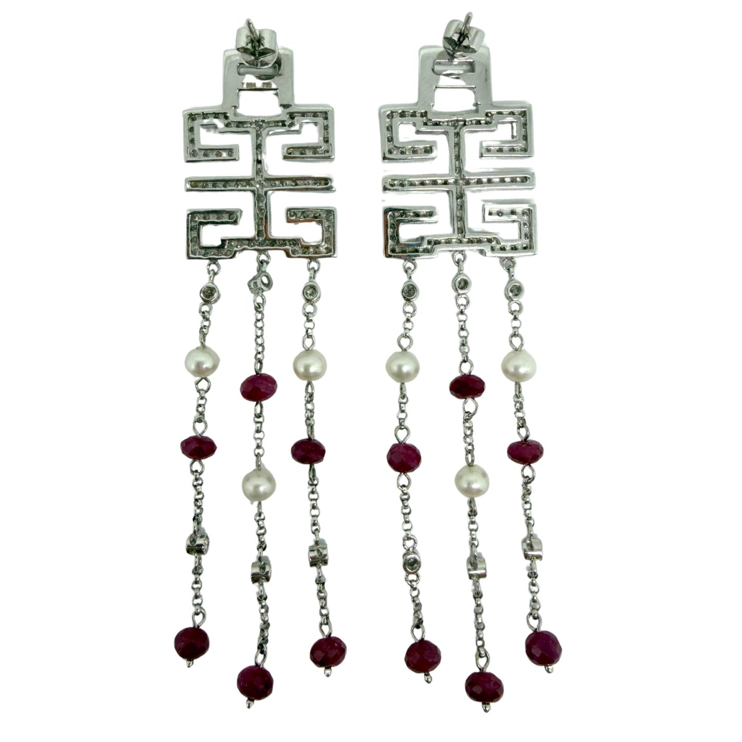 18k White Gold Diamond, Ruby Beads and Pearl Abstract Chandelier Drop Earrings