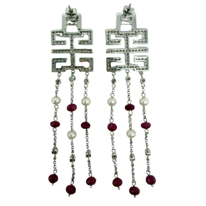18k White Gold Diamond, Ruby Beads and Pearl Abstract Chandelier Drop Earrings