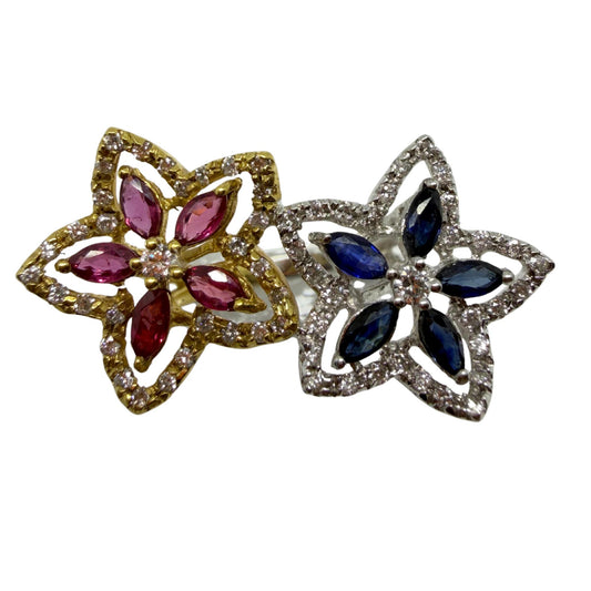18K Two Tone Marquise Sapphire, Ruby and Diamond Bypass Floral Ring