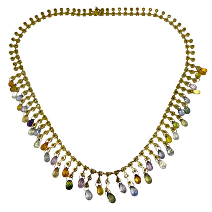 18K Yellow Gold Diamond and Briolette Multicolor Sapphire Necklace