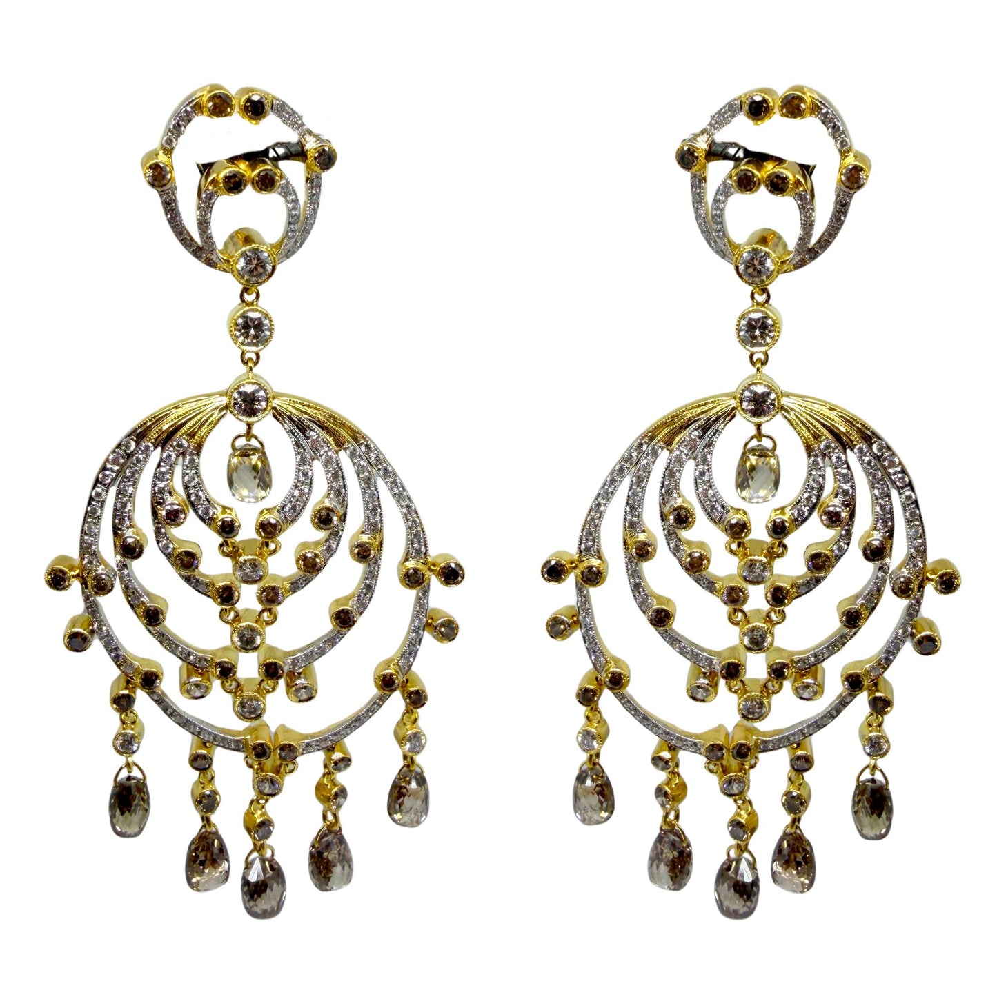 18k Yellow Gold Brown and White Diamond Chandelier Drop Earrings