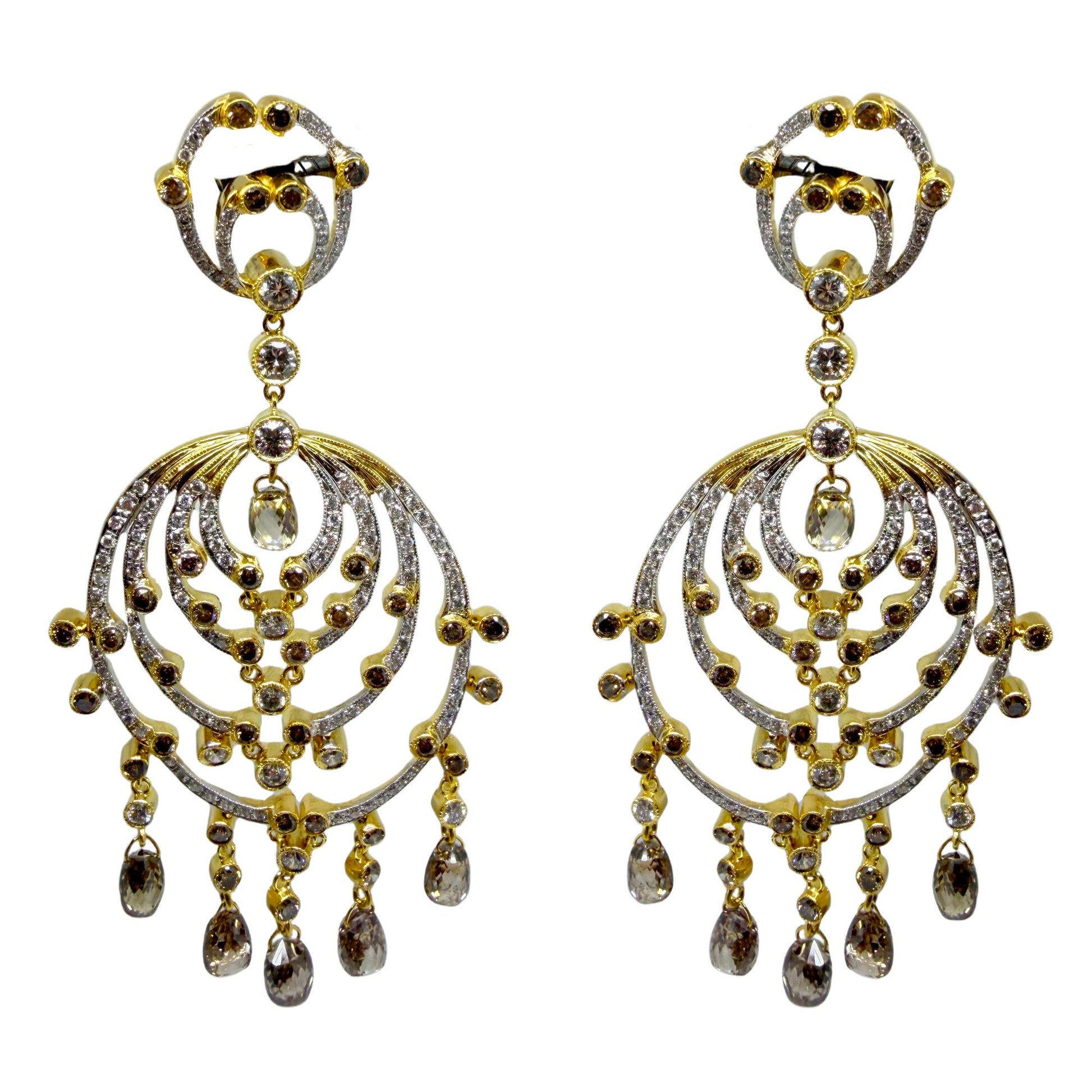 18k Yellow Gold Brown and White Diamond Chandelier Drop Earrings