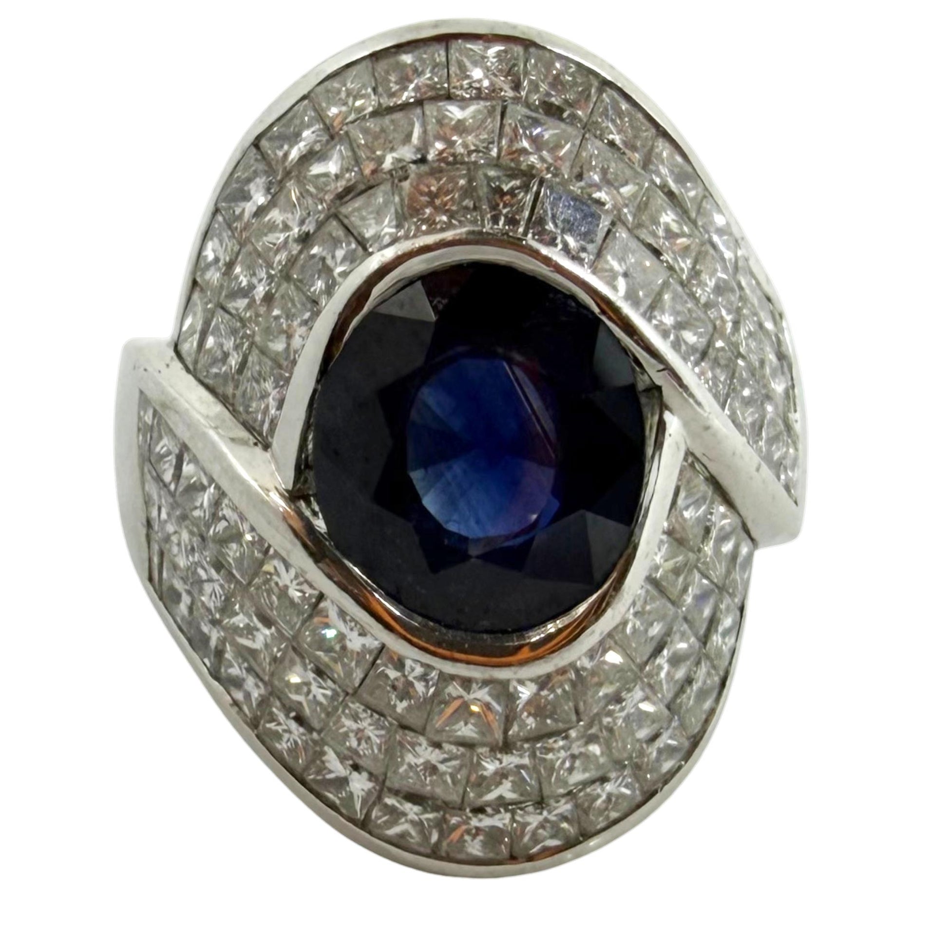 18K 4.40 Carat Sapphire and Princess Cut Diamond Heavy Cocktail Ring