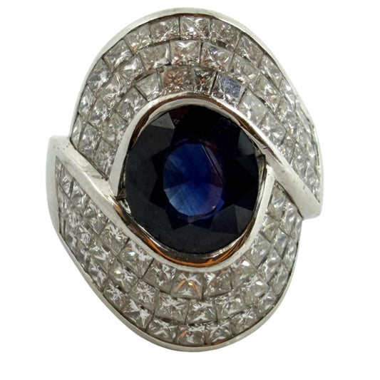 18K 4.40 Carat Sapphire and Princess Cut Diamond Heavy Cocktail Ring