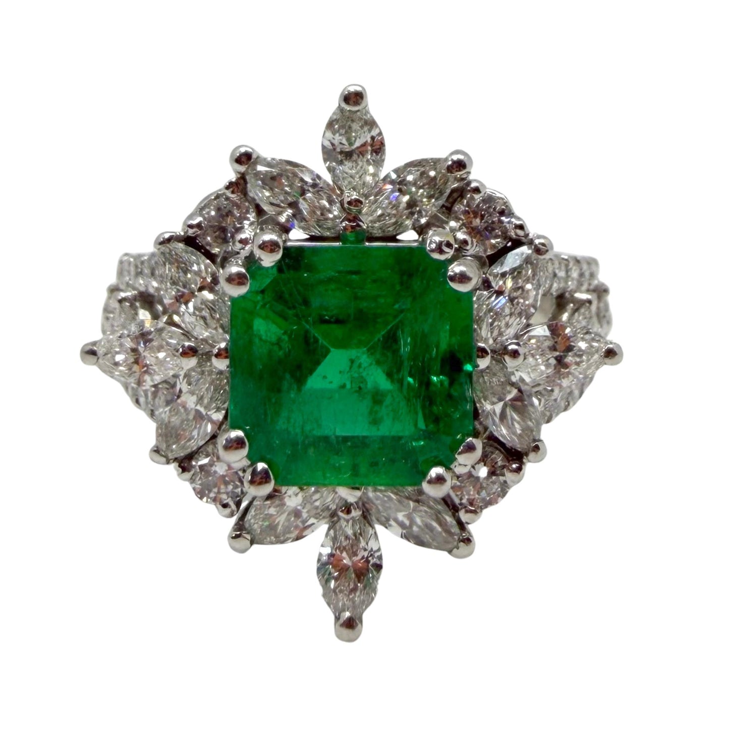 18K White Gold 2.17 carat Emerald and Marquise Cut Diamond Ring - Size 6.5