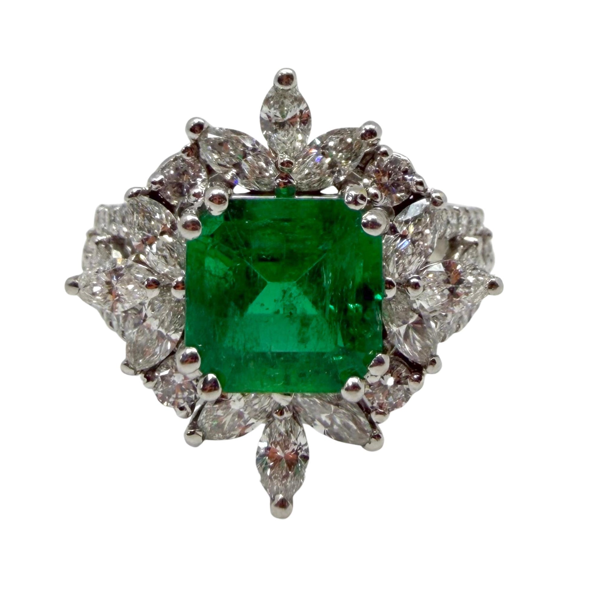 18K White Gold 2.17 carat Emerald and Marquise Cut Diamond Ring - Size 6.5