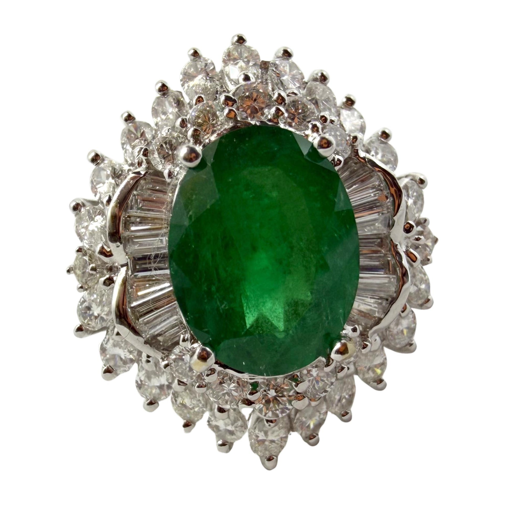 18k White Gold 4.40 Carat Oval Emerald and Diamond Cocktail Ring - Size 6.25
