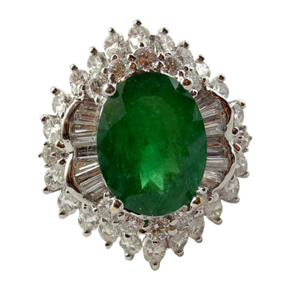 18k White Gold 4.40 Carat Oval Emerald and Diamond Cocktail Ring - Size 6.25