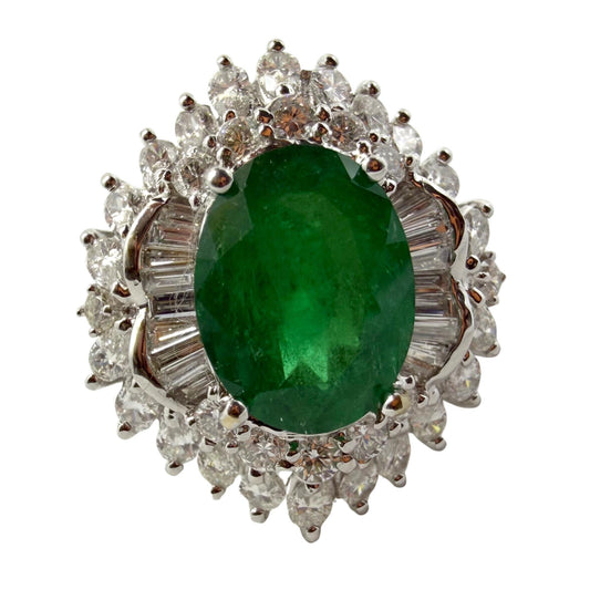 18k White Gold 4.40 Carat Oval Emerald and Diamond Cocktail Ring - Size 6.25