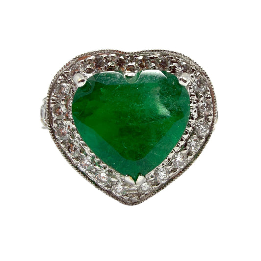 18k Heart Shaped 3.63 Carat Emerald and Diamond Ring