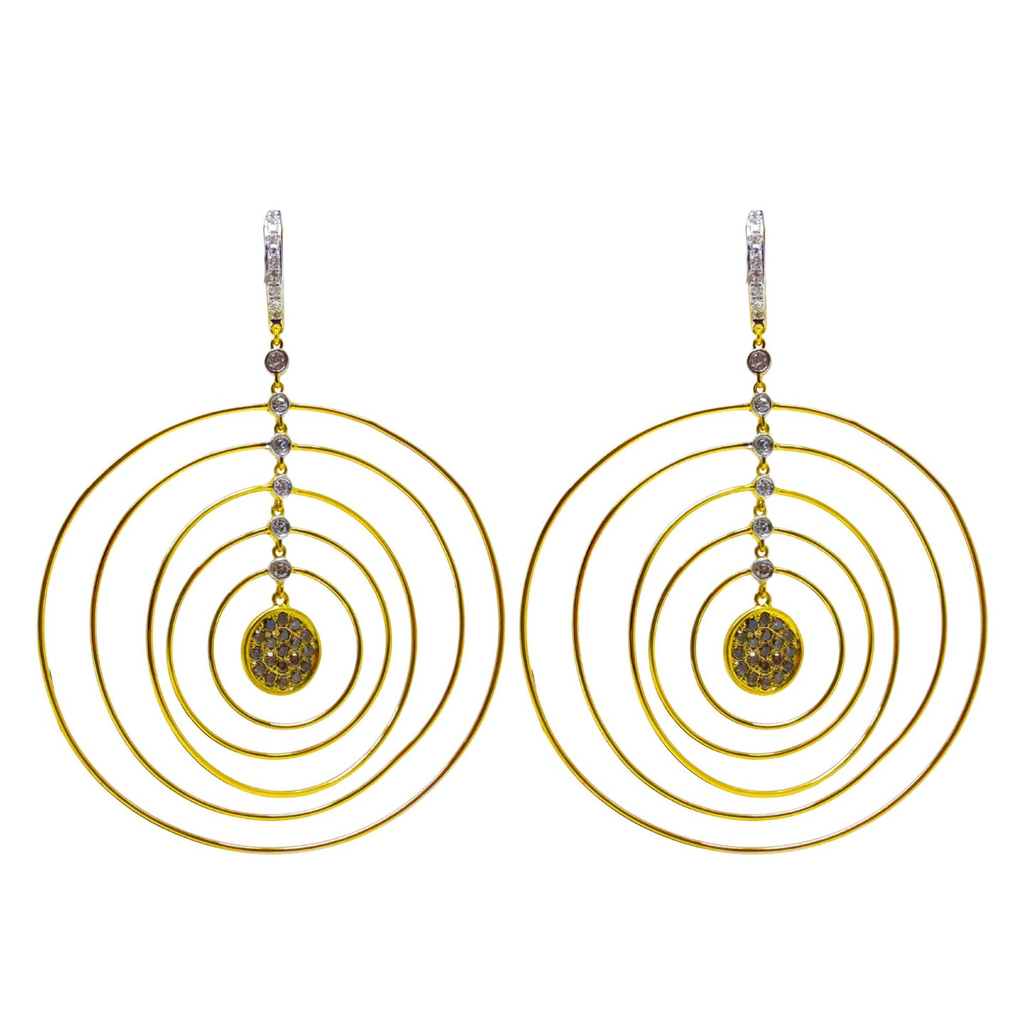 18K Yellow Gold White & Brown Diamond Concentric Circle Drop Earrings