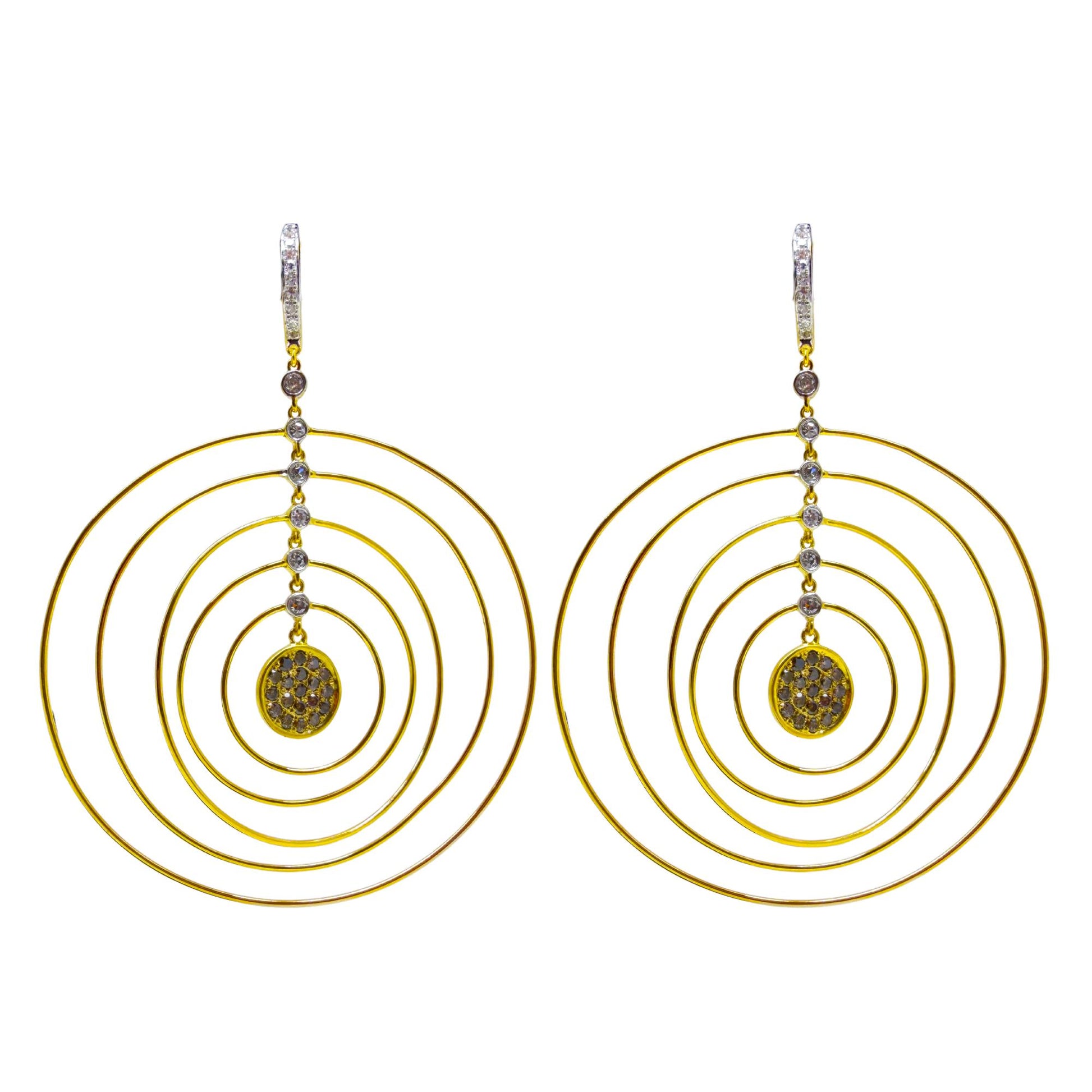 18K Yellow Gold White & Brown Diamond Concentric Circle Drop Earrings