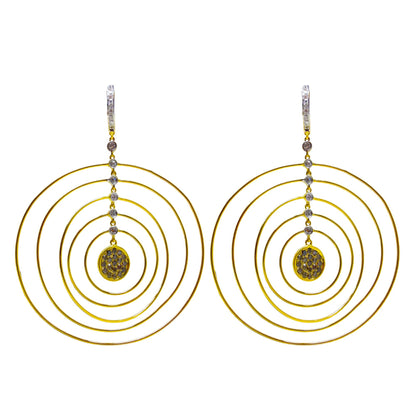 18K Yellow Gold White & Brown Diamond Concentric Circle Drop Earrings