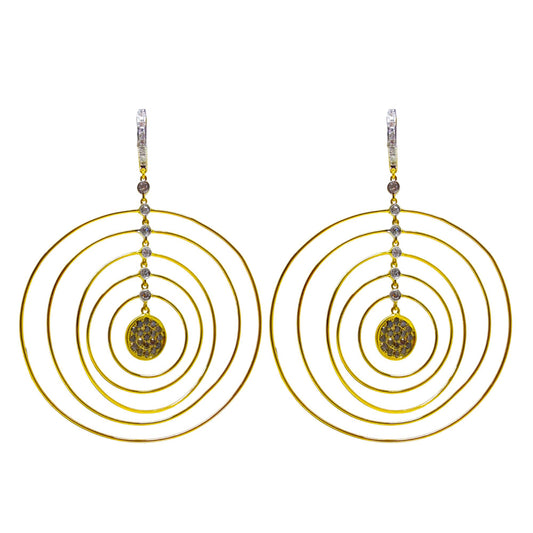 18K Yellow Gold White & Brown Diamond Concentric Circle Drop Earrings