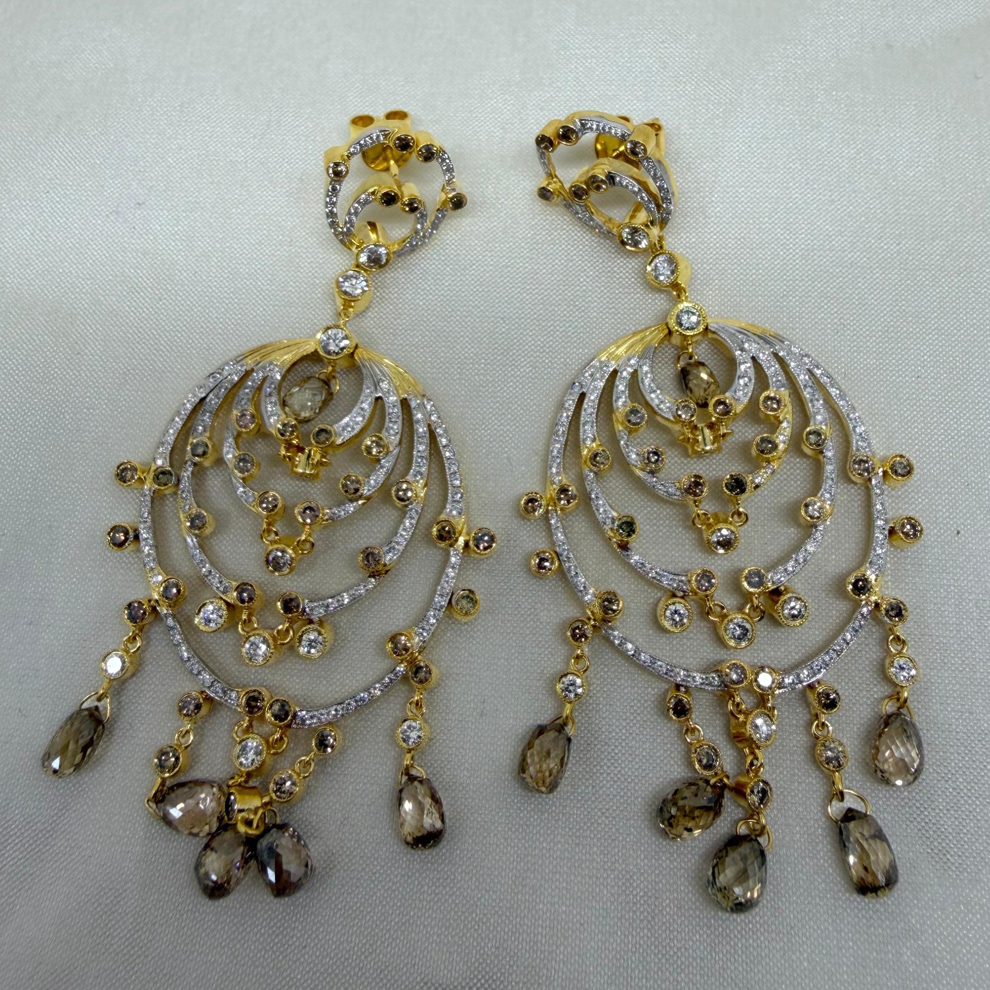 18k Yellow Gold Brown and White Diamond Chandelier Drop Earrings