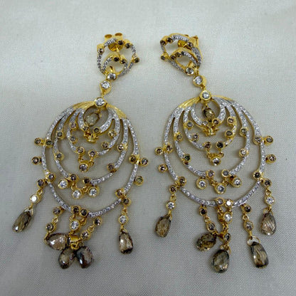 18k Yellow Gold Brown and White Diamond Chandelier Drop Earrings