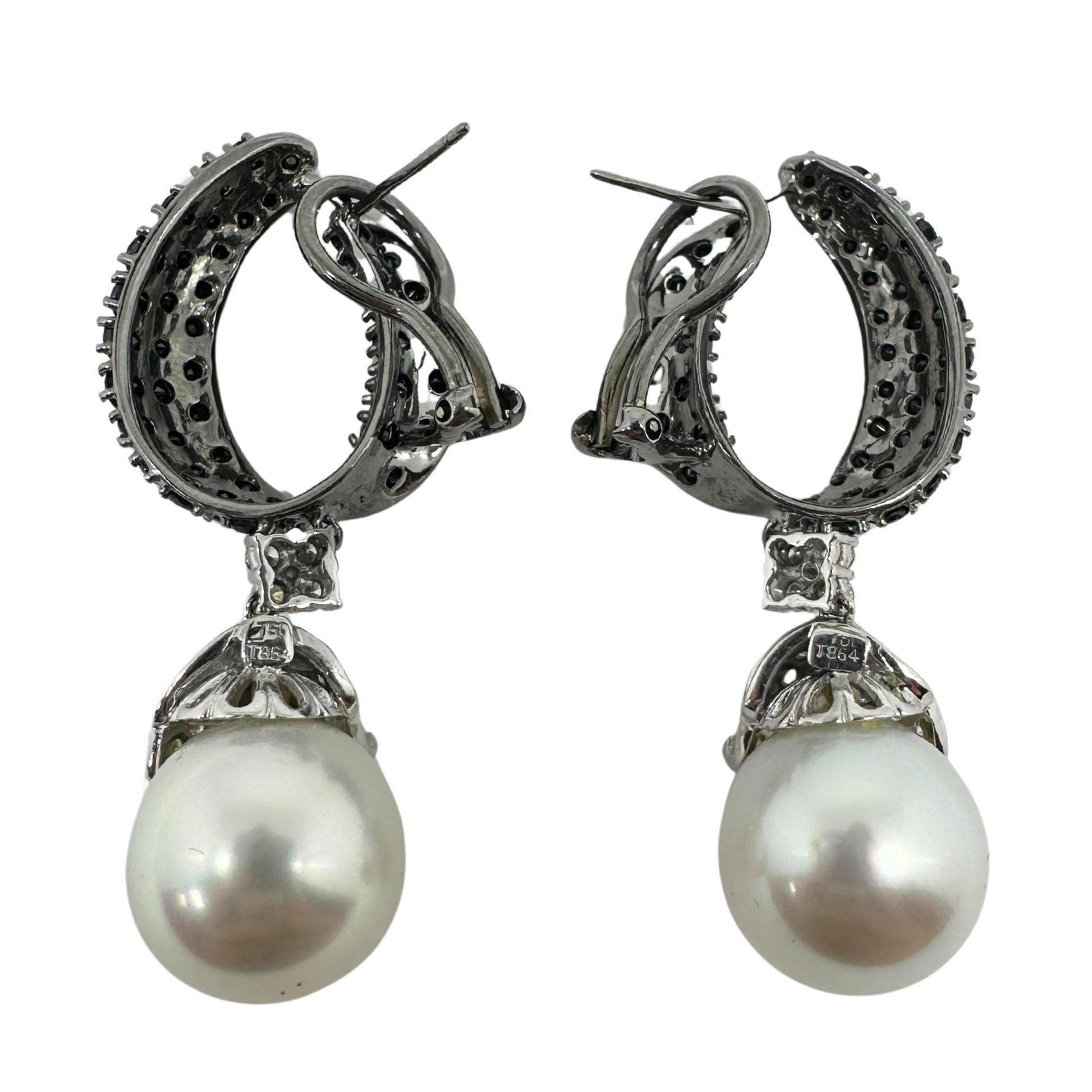 18K White Gold Black and White Diamond and Pearl Drop Earrings