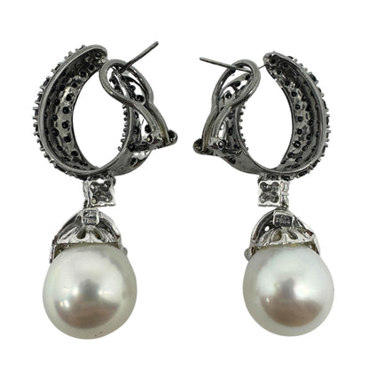 18K White Gold Black and White Diamond and Pearl Drop Earrings