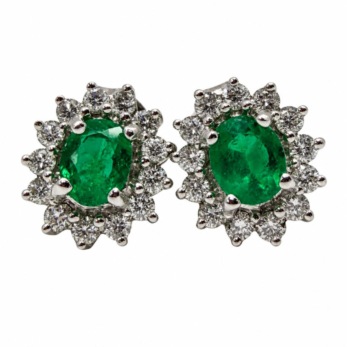 18k White Gold .56 Carat Oval Cut Emerald and Diamond Stud Earrings