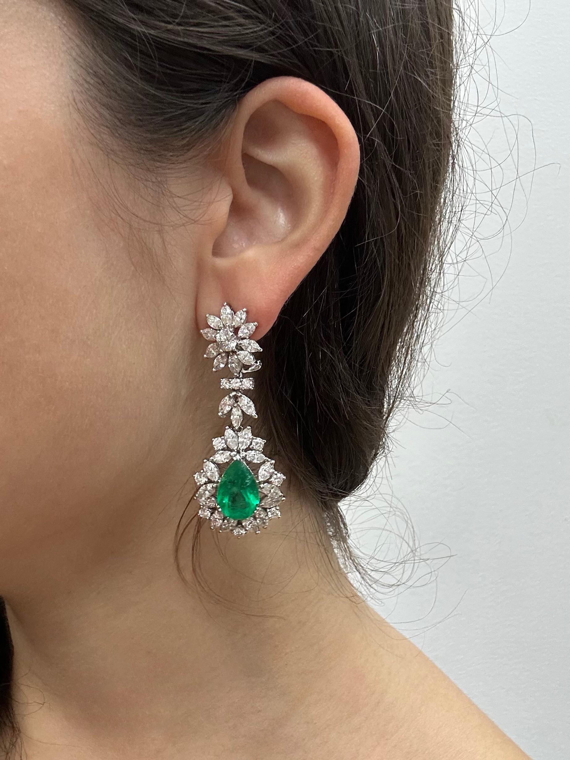 18K White Gold Marquise Cut Diamond and Pear Cut Emerald Drop Earrings