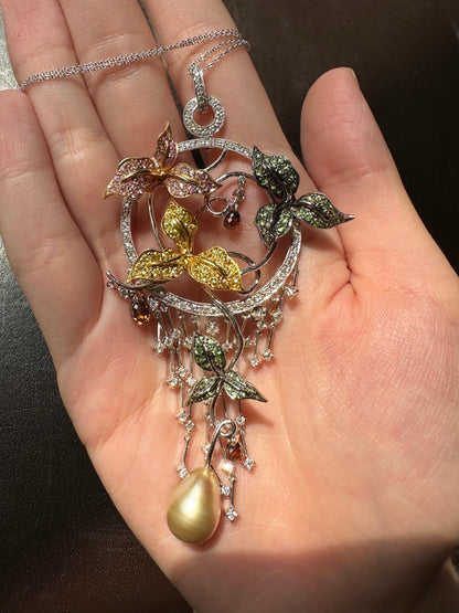 18K Tricolor Gold White and Brown Diamond, and Multi-Sapphire Pendant Necklace