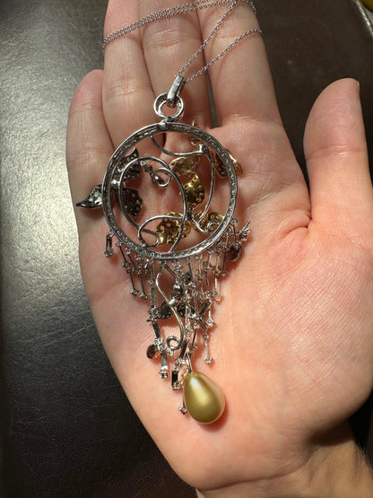 18K Tricolor Gold White and Brown Diamond, and Multi-Sapphire Pendant Necklace