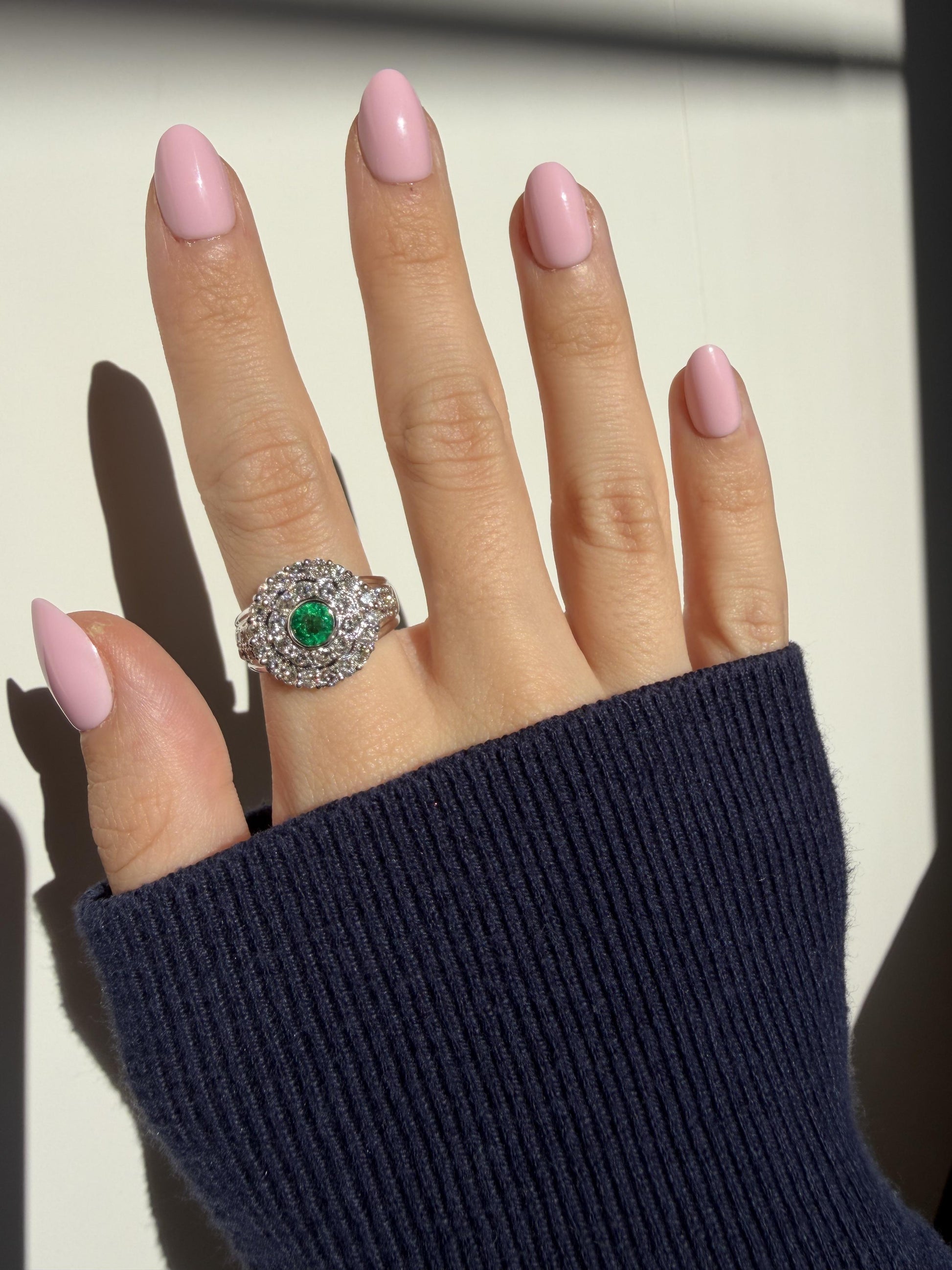 18K White Gold .42 Carat Round Cut Emerald and Diamond Ring - Size 8