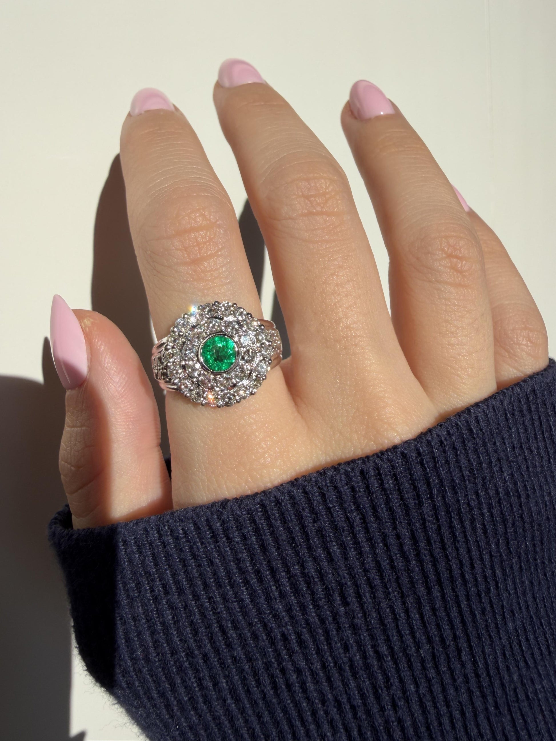18K White Gold .42 Carat Round Cut Emerald and Diamond Ring - Size 8