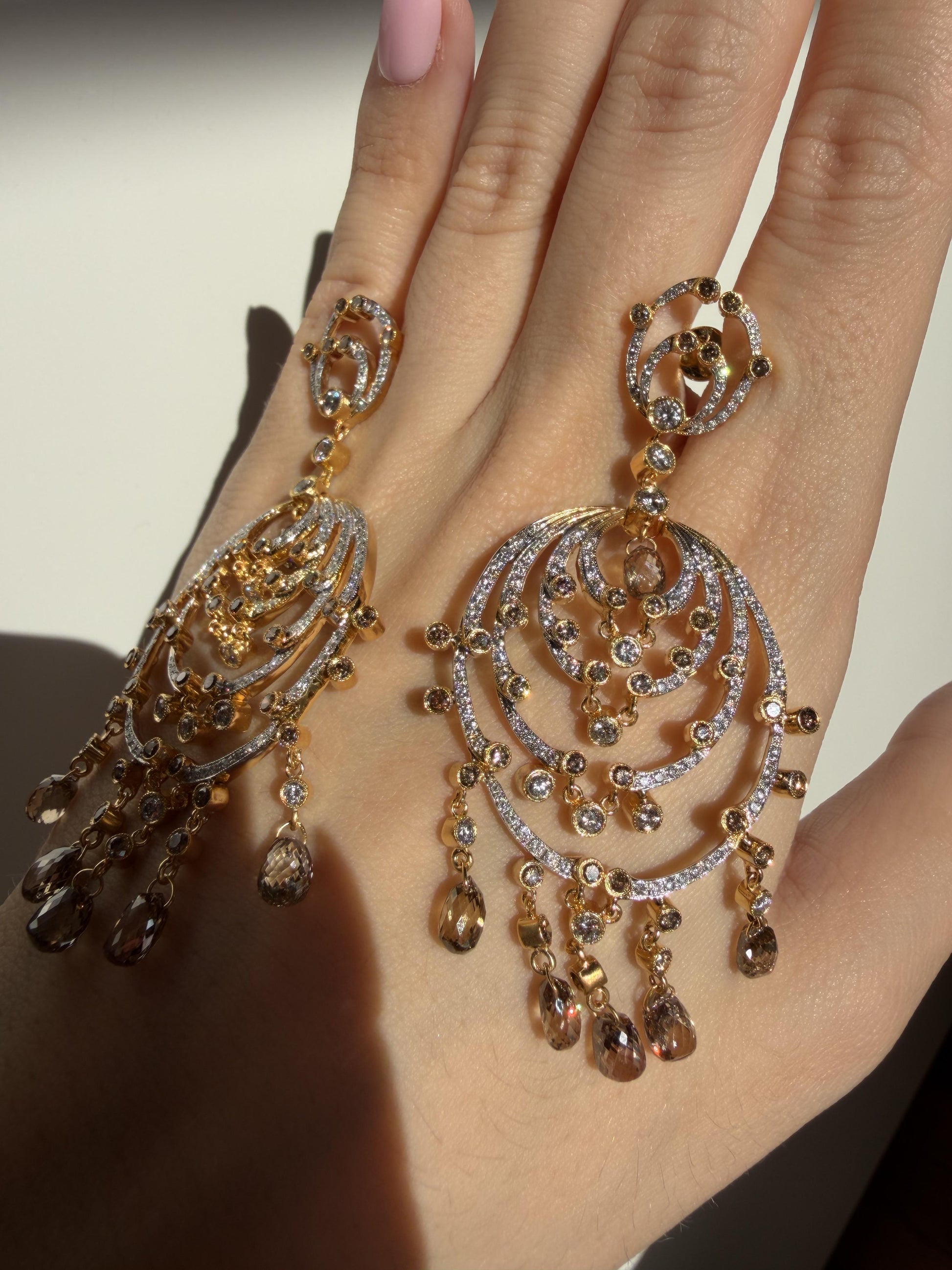 18k Yellow Gold Brown and White Diamond Chandelier Drop Earrings