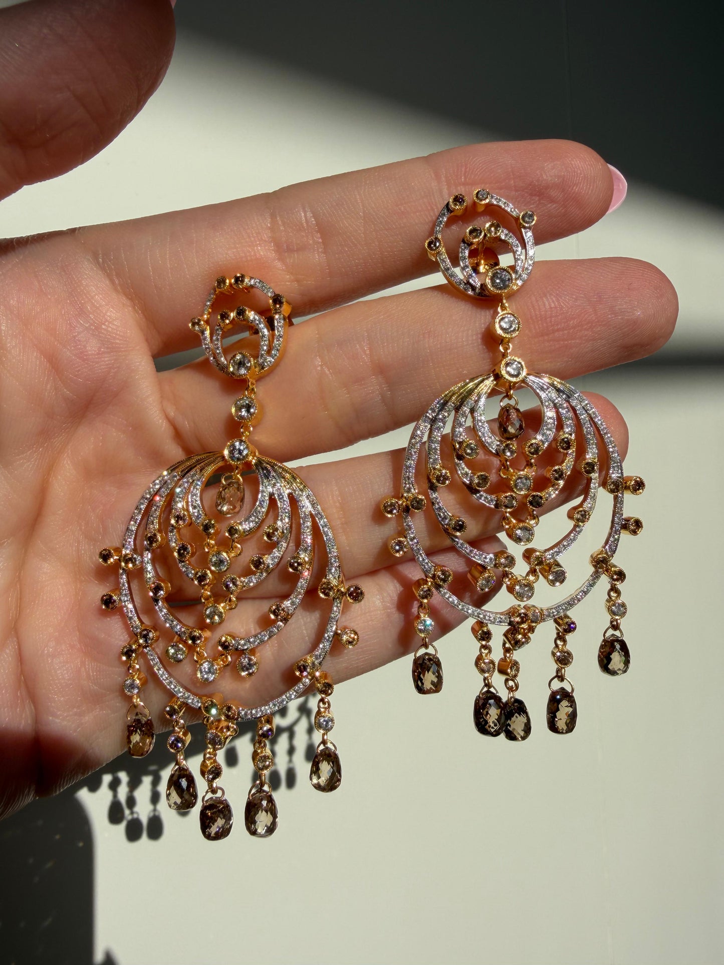 18k Yellow Gold Brown and White Diamond Chandelier Drop Earrings