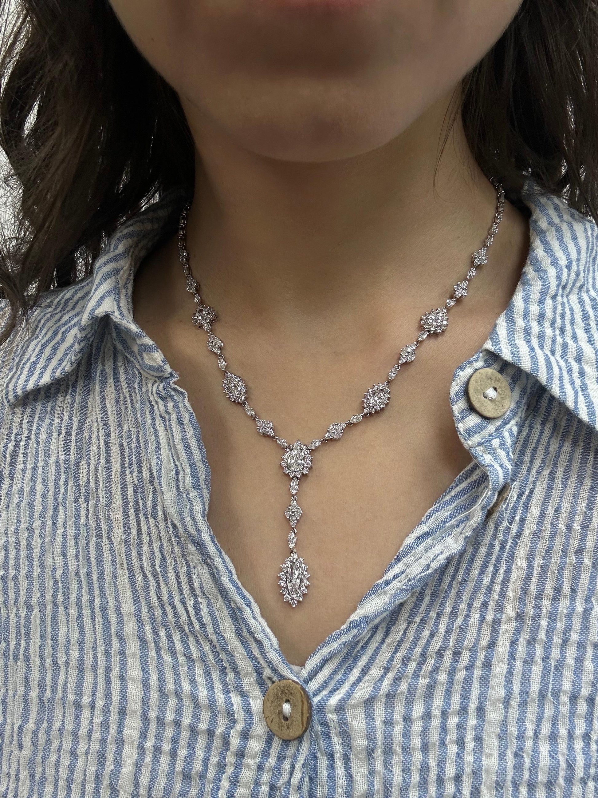 18K White Gold Marquise and Pear Cut Diamond Lariat Necklace