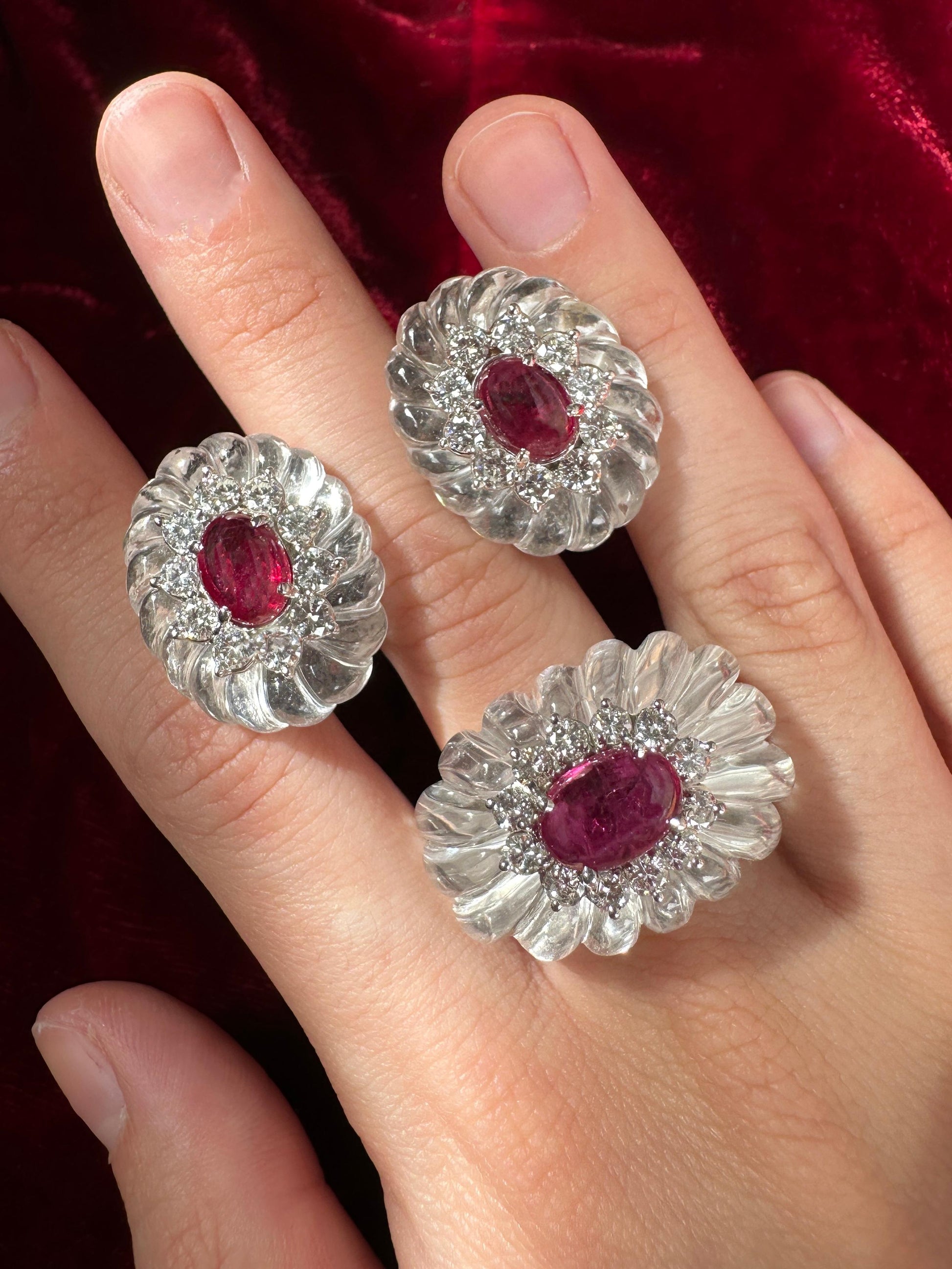 14k 1960's Rock Crystal Diamond and Ruby Ring