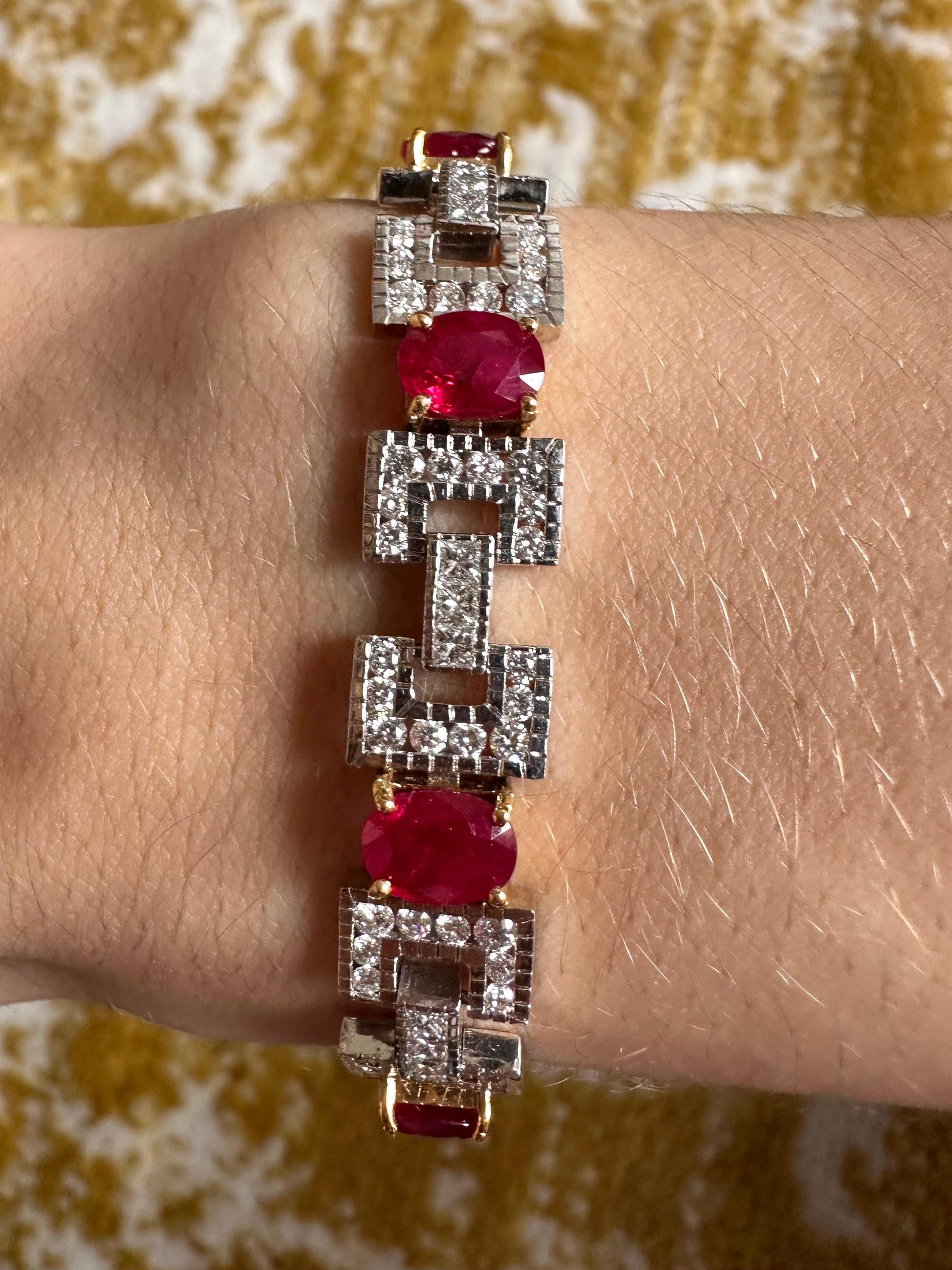 18K Two Tone 8.19 Carat Oval Cut Ruby and Diamond Bracelet - 7.5 inches