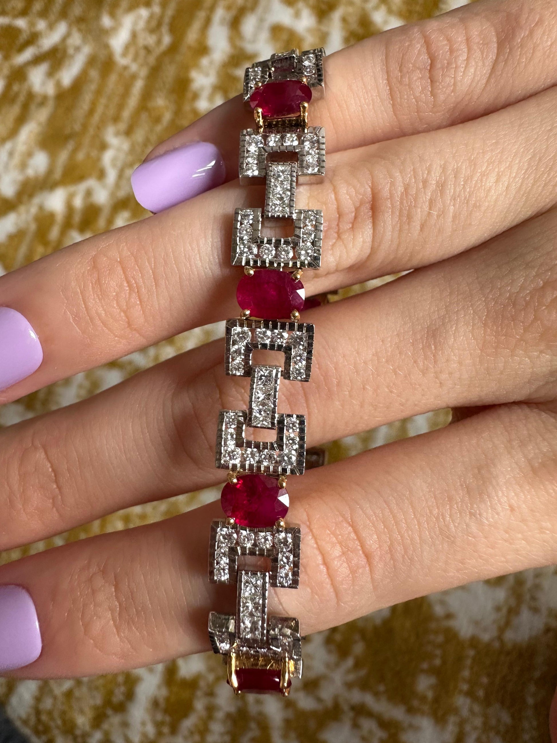18K Two Tone 8.19 Carat Oval Cut Ruby and Diamond Bracelet - 7.5 inches