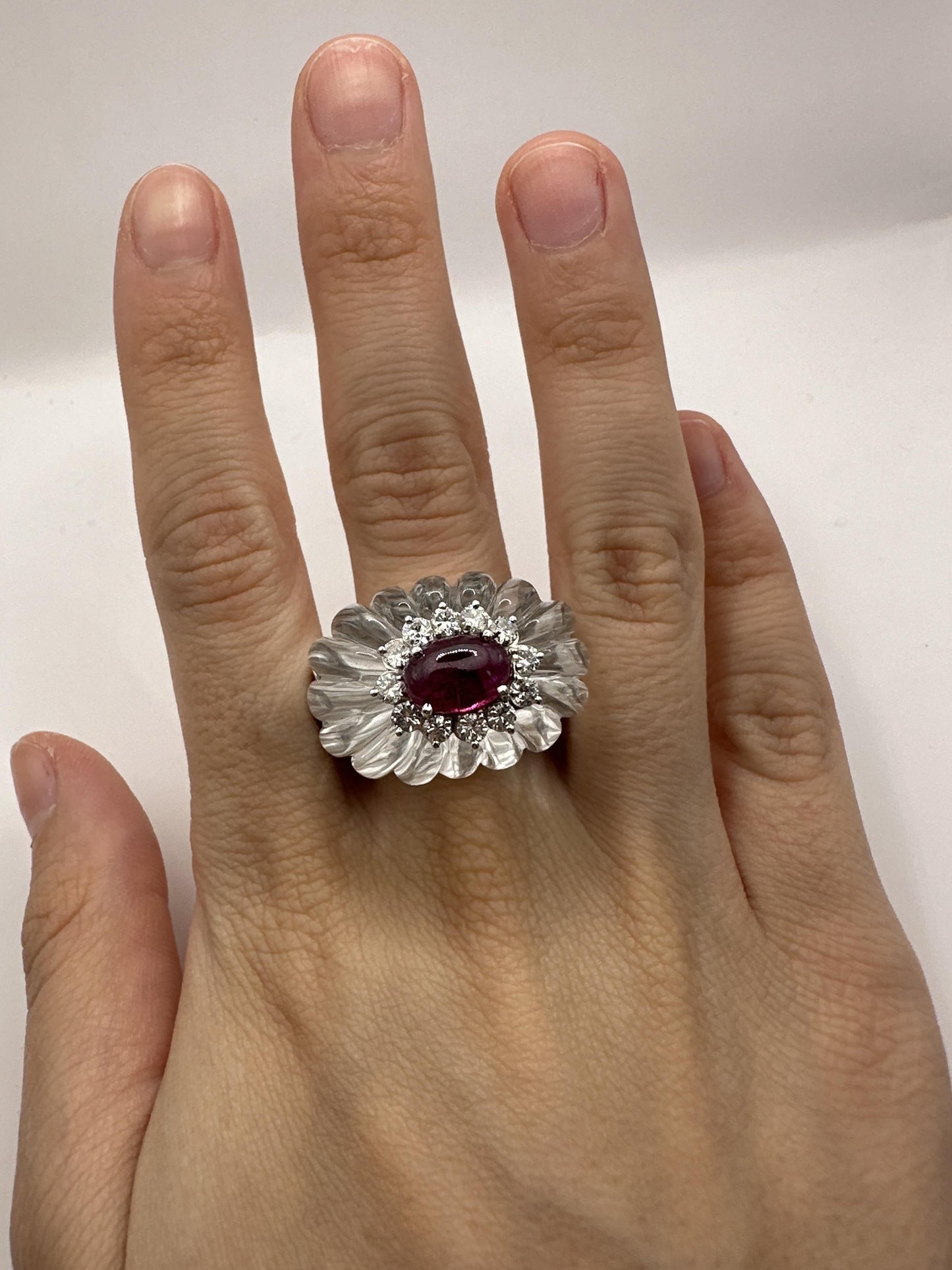 14k 1960's Rock Crystal Diamond and Ruby Ring