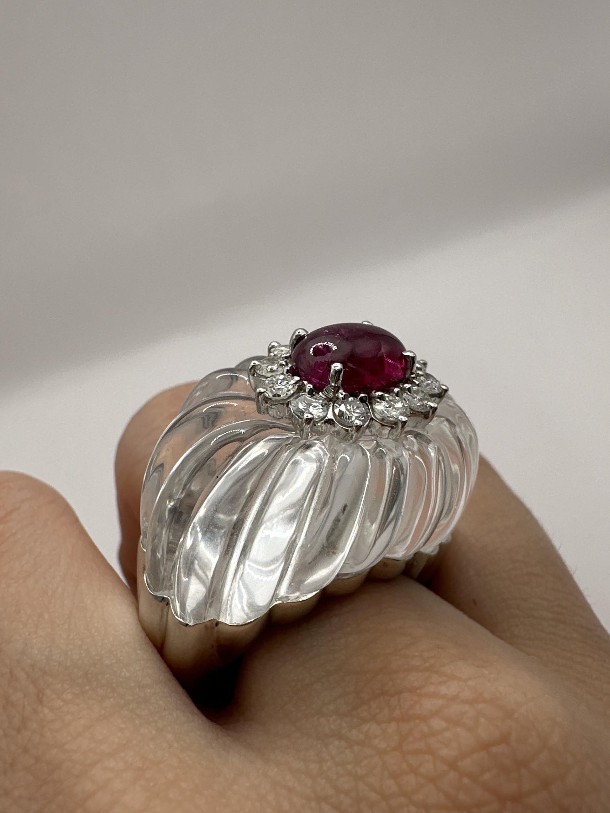 14k 1960's Rock Crystal Diamond and Ruby Ring