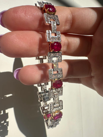 18K Two Tone 8.19 Carat Oval Cut Ruby and Diamond Bracelet - 7.5 inches