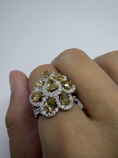 18K Two Tone Pear Cut Yellow and White Diamond Cocktail Ring - Size 6.75