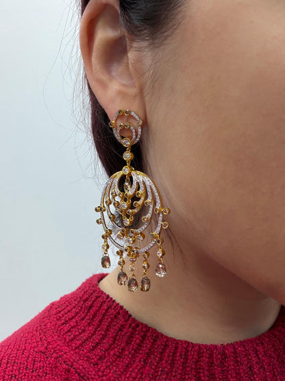 18k Yellow Gold Brown and White Diamond Chandelier Drop Earrings