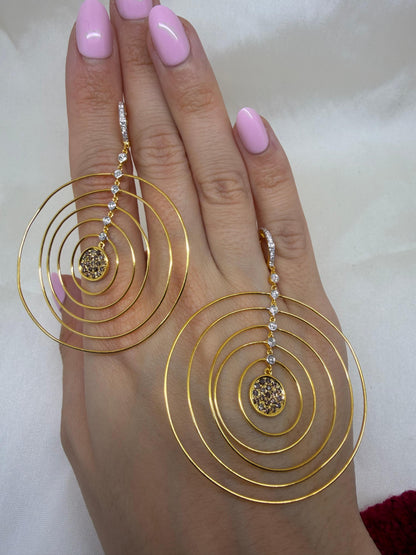 18K Yellow Gold White & Brown Diamond Concentric Circle Drop Earrings