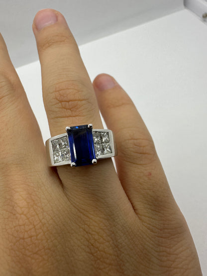 Estate Heavy 18k Mystery Set Diamond and Emerald Cut Sapphire Ring