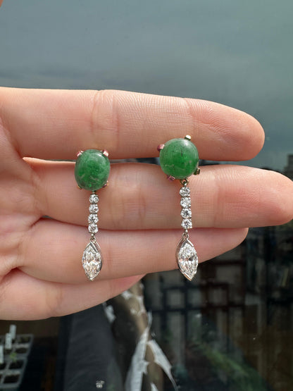 1940's Platinum and 18k Diamond and Cabochon Emerald Earrings