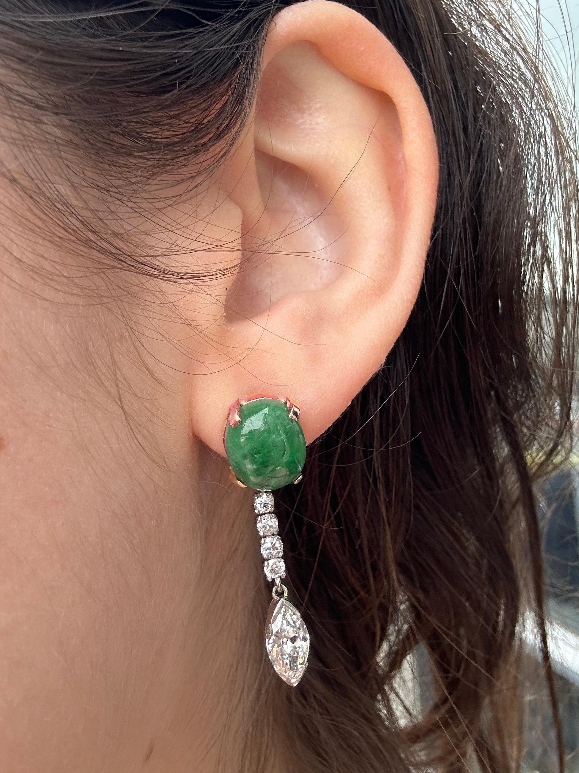 1940's Platinum and 18k Diamond and Cabochon Emerald Earrings