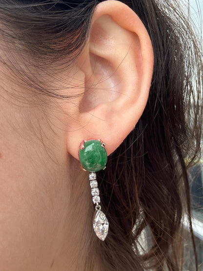 1940's Platinum and 18k Diamond and Cabochon Emerald Earrings