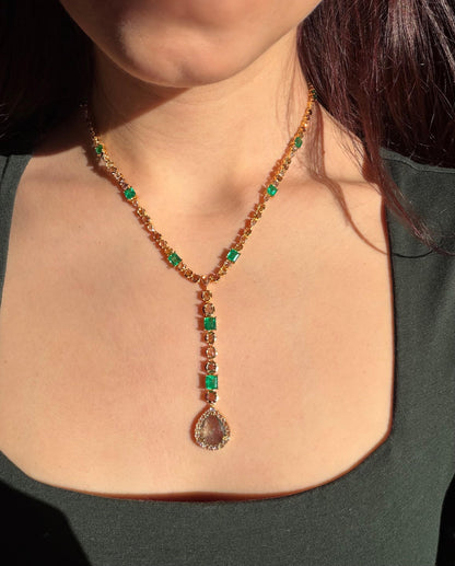 18k Yellow Gold Emerald, and Multicolor Diamond Y Drop Necklace