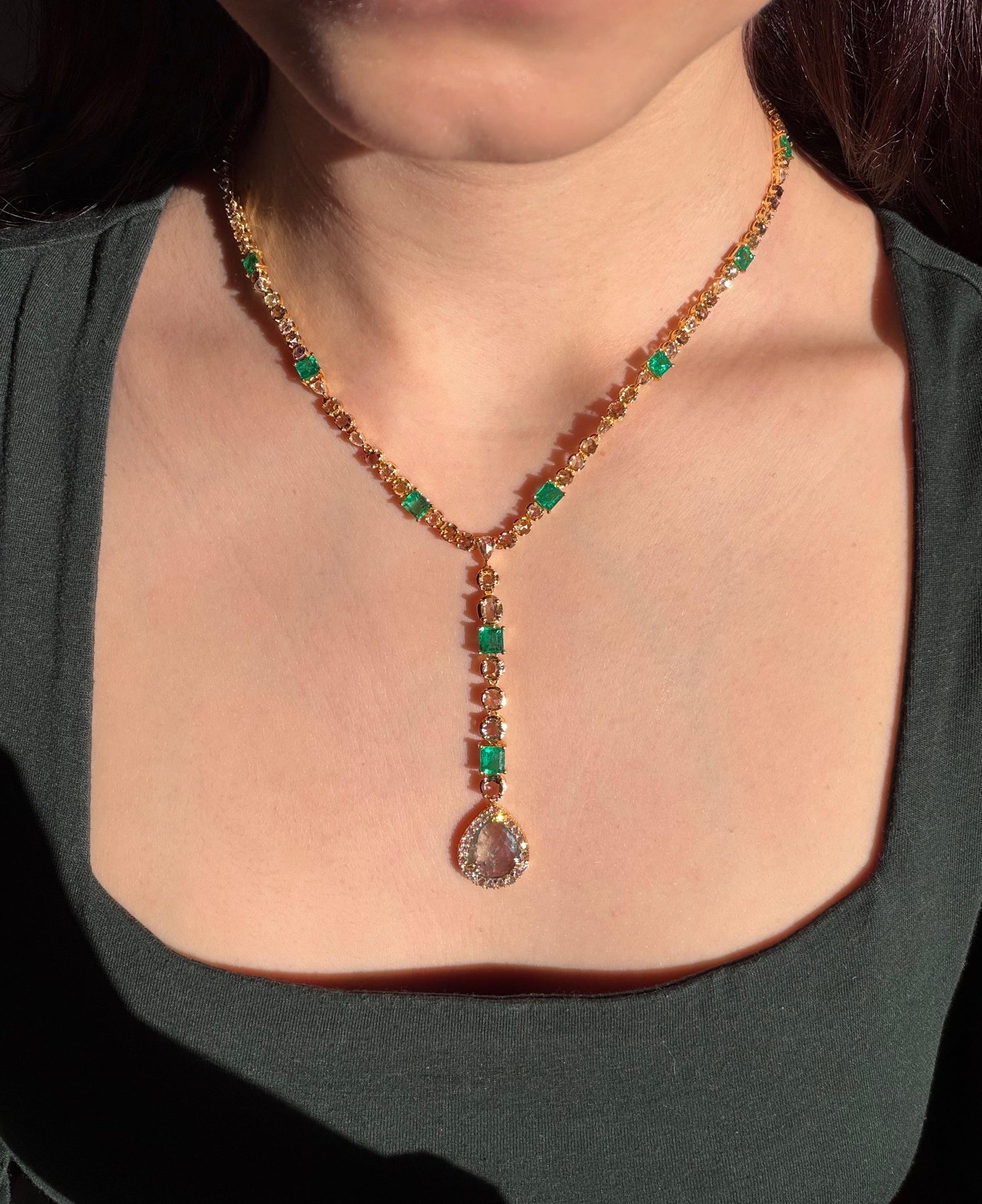 18k Yellow Gold Emerald, and Multicolor Diamond Y Drop Necklace