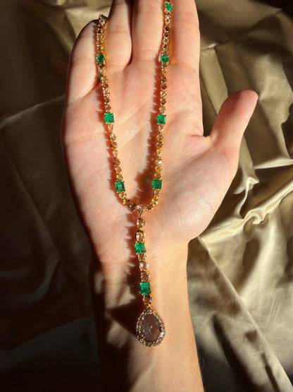 18k Yellow Gold Emerald, and Multicolor Diamond Y Drop Necklace