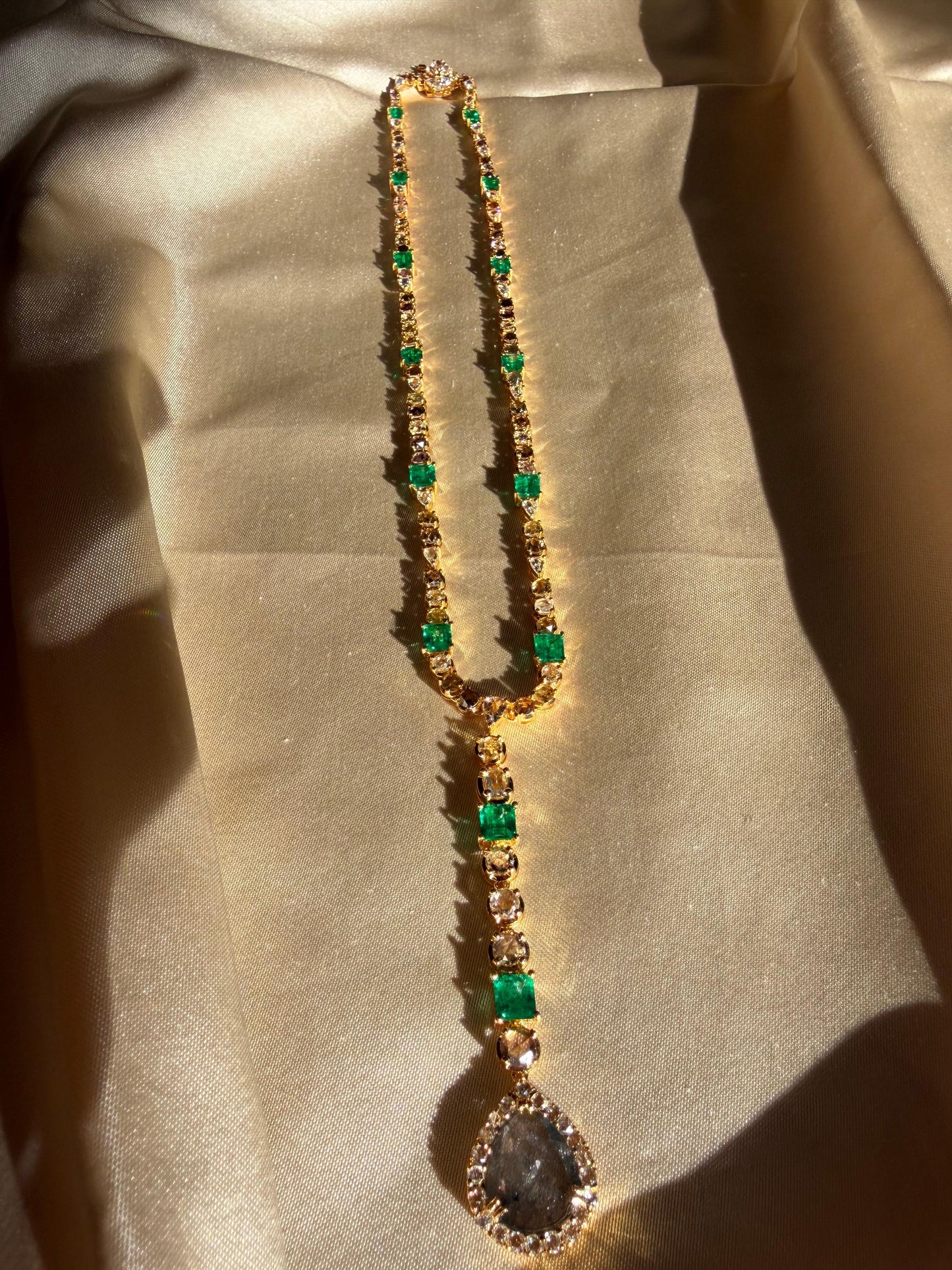 18k Yellow Gold Emerald, and Multicolor Diamond Y Drop Necklace