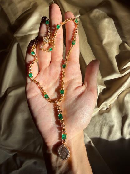 18k Yellow Gold Emerald, and Multicolor Diamond Y Drop Necklace